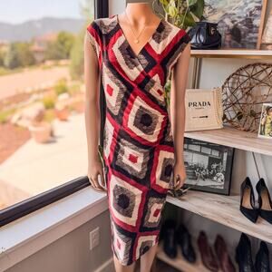 Ralph Lauren Faux Wrap Fitted Geometric Patterned Midi Dress, Women’s Size Small